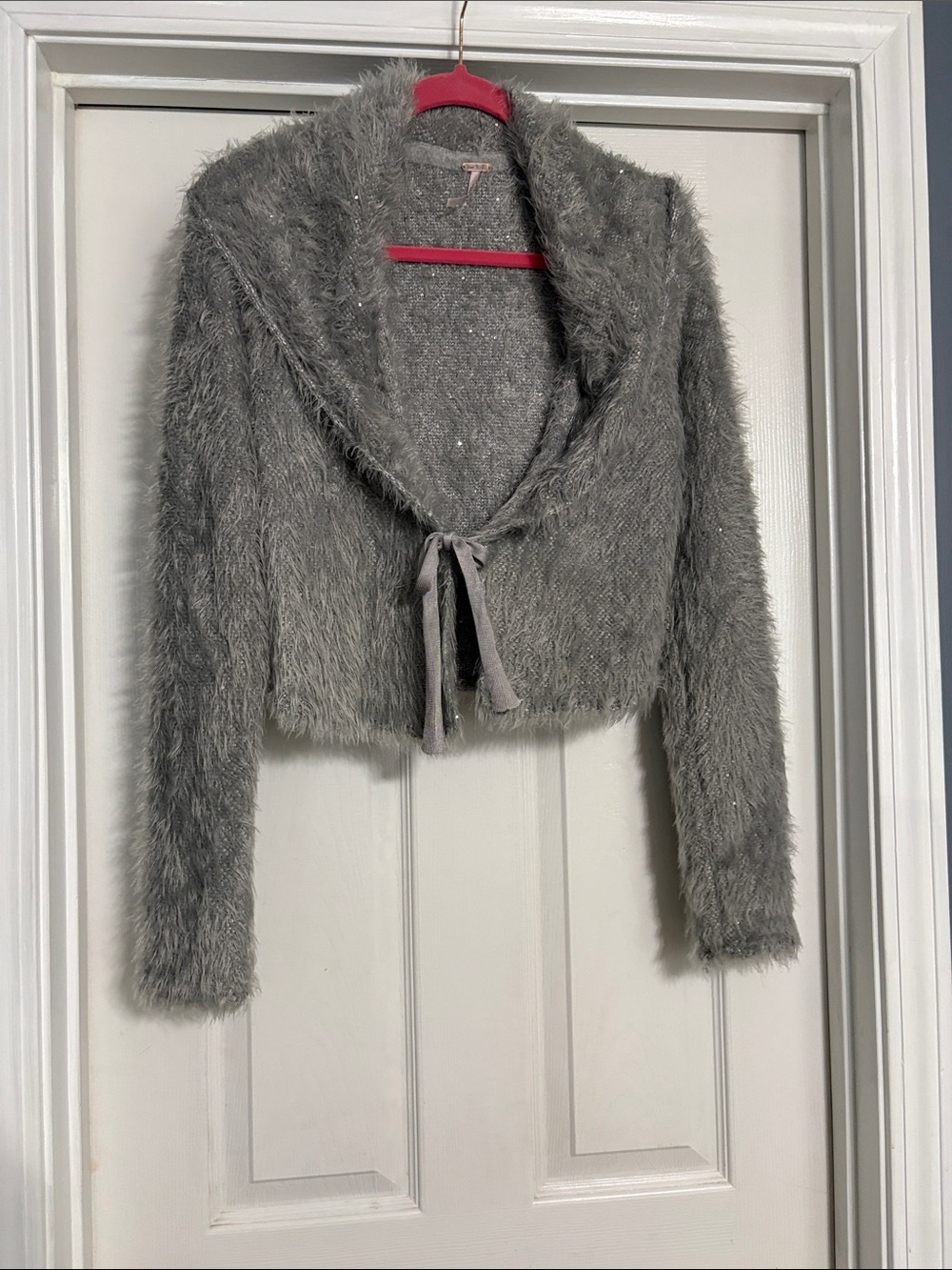 Free People Gray Fuzzy Tie-Front Cardigan